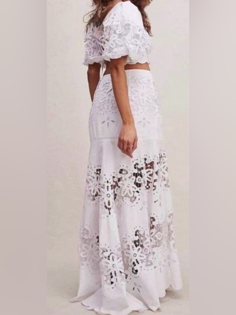 Free People Function&fringe ED Battenberg White Lace Maxi skirt and blouse